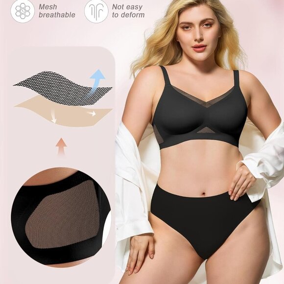 Womens Bra No Underwire Seamless Wireless Bra with Soft Support V Neck Mesh Bras - Picture 4 of 6